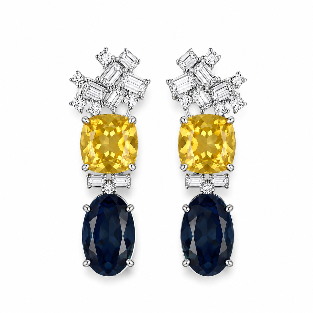 Blue and Yellow Moissanite Earrings in 14K gold