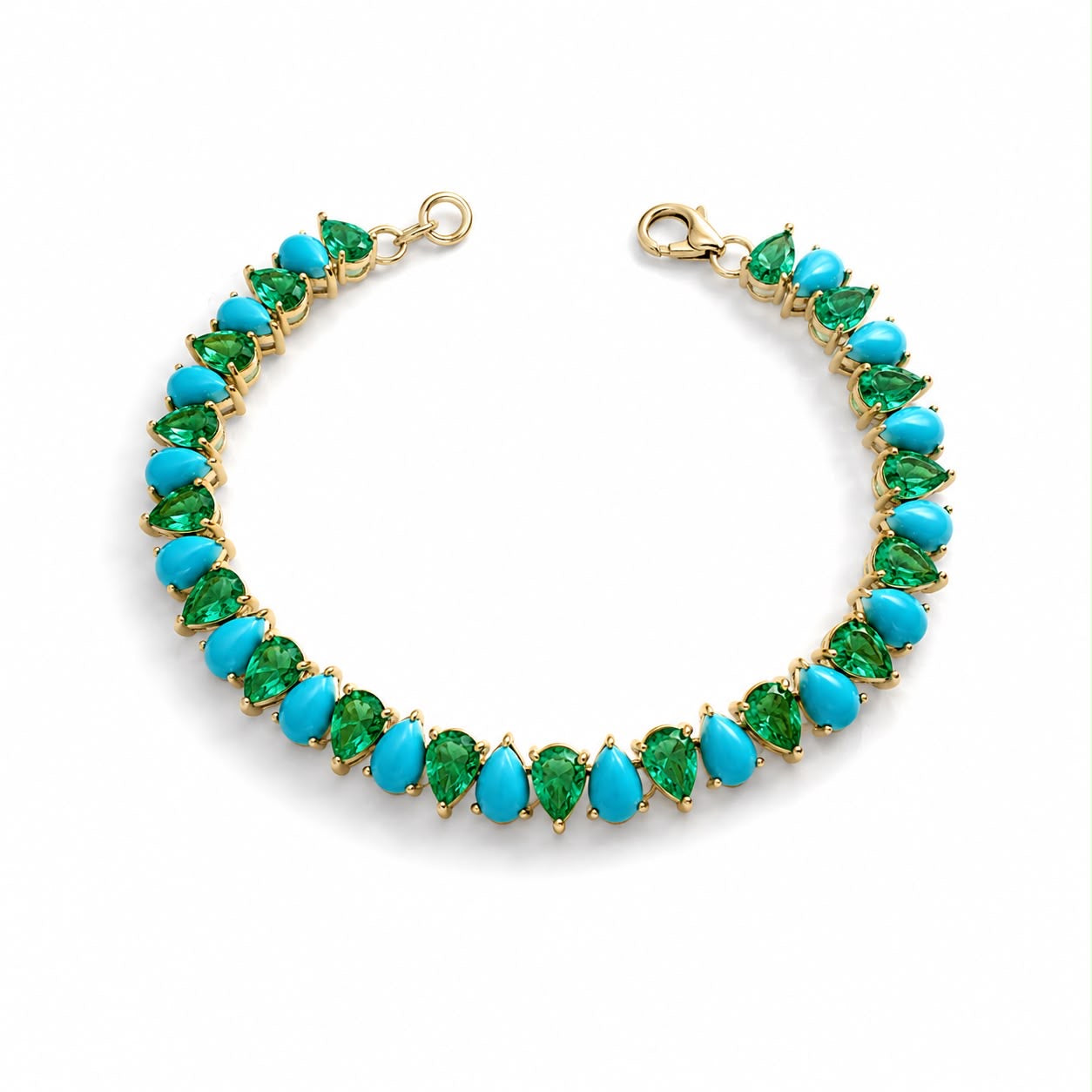 Turquoise and Emerald Tennis Bracelet in 14K gold