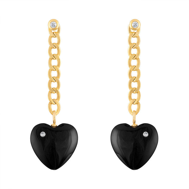 Cuban Chain With Onyx Heart Drop Earrings