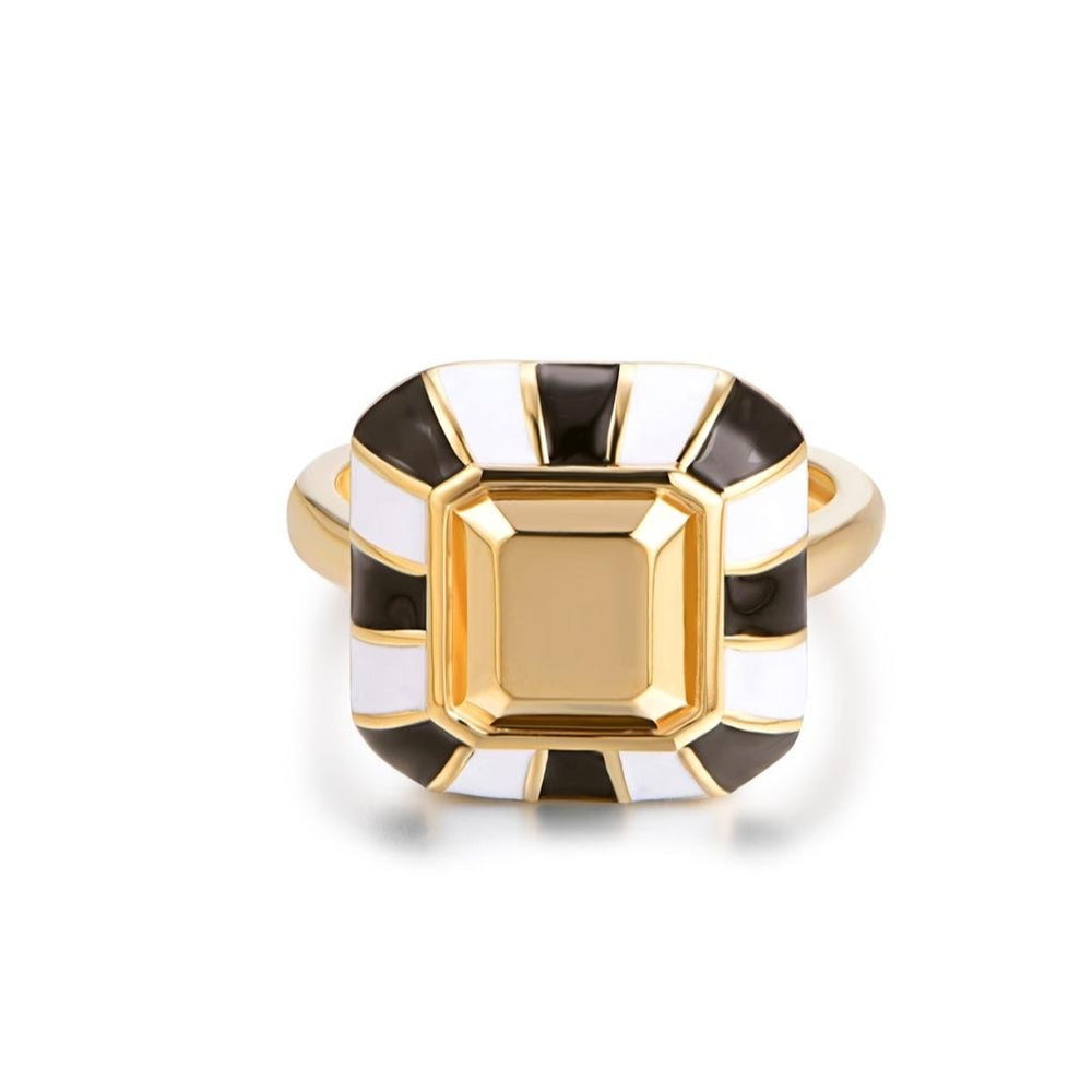 Emerald Cut Goldstone™ B&W Striped Cocktail Ring