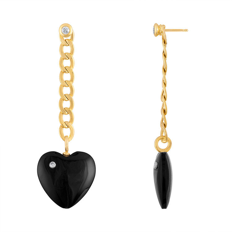 Cuban Chain With Onyx Heart Drop Earrings